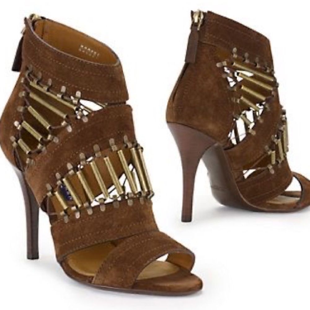 Ralph Lauren 2014 Collection Brown Suede Brass Bead Embellished Blephina Sandal